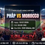Ảnh bìa nhận định và link xem trực tiếp bóng đá Pháp vs Morocco tại tứ kết World Cup 2026 trên nền tảng Xoilac TV.